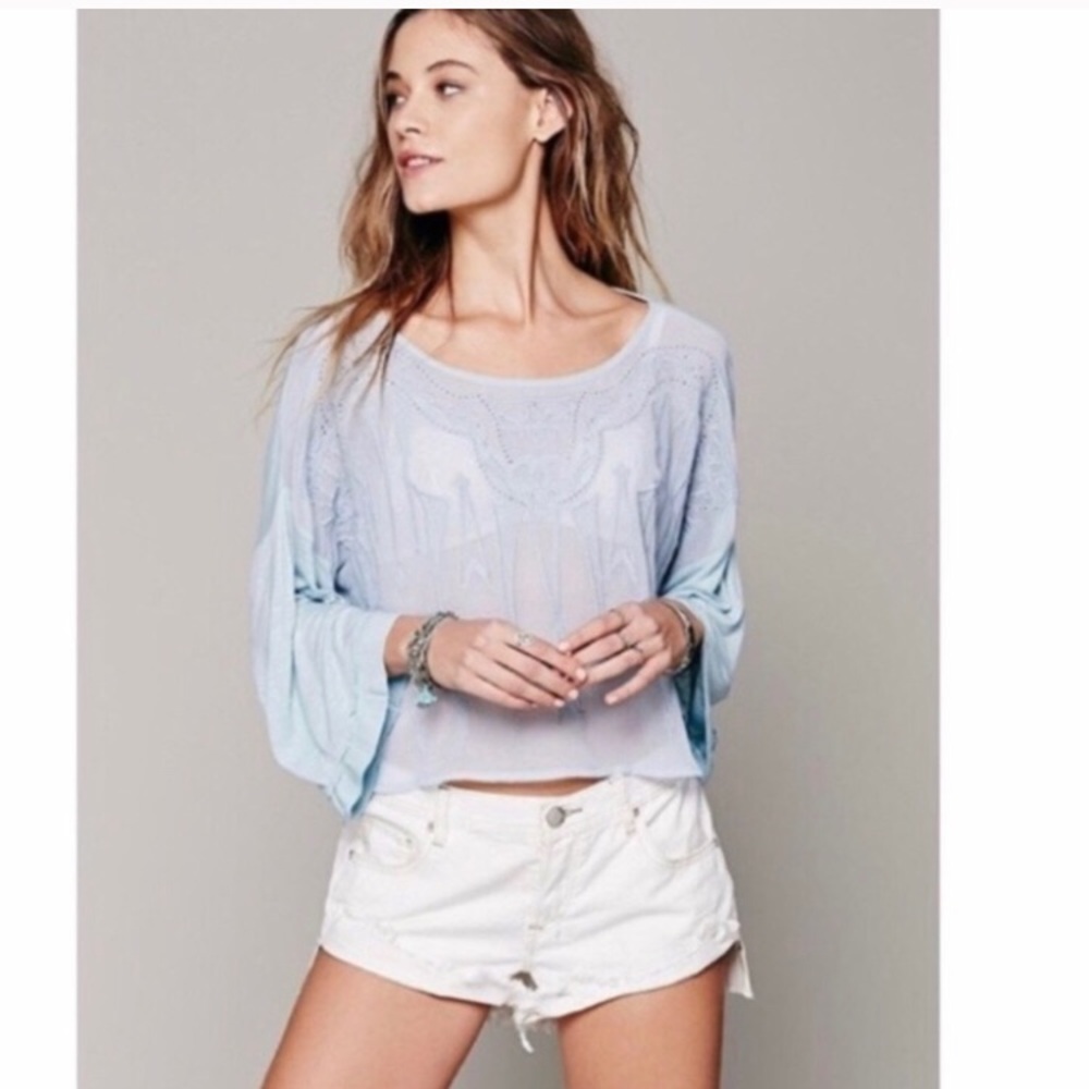 Free People Pandora Slate Blue Embroidered Blouse